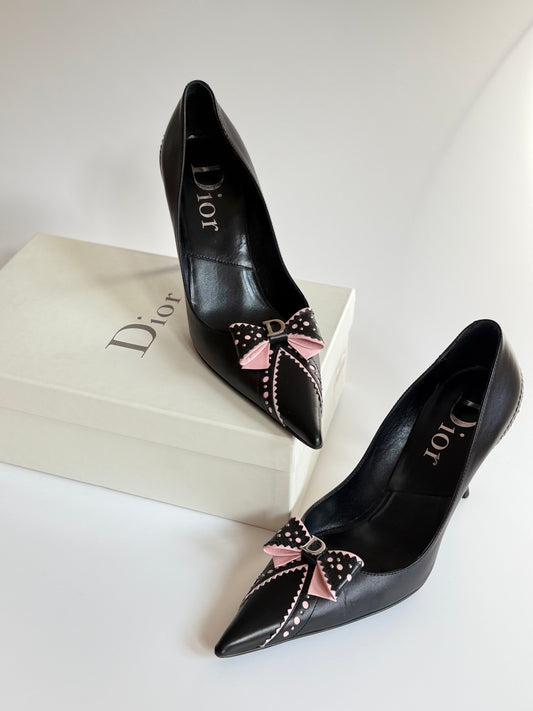 Dior bow pumps in black and pink – vintage pointed heels for women