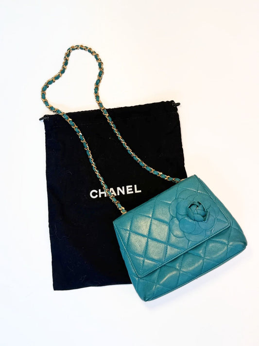 Chanel Mini Camellia Flap Bag in Turquoise Leather