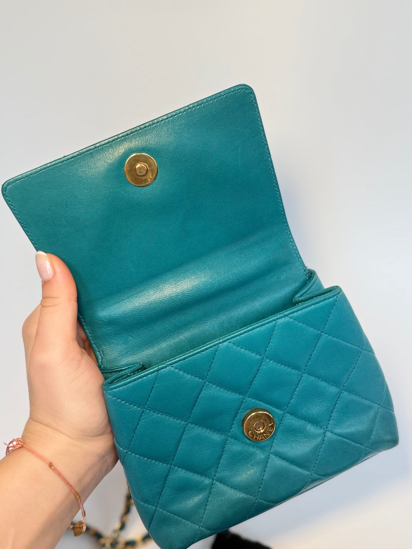 Chanel Mini Camellia Flap Bag in Turquoise Leather