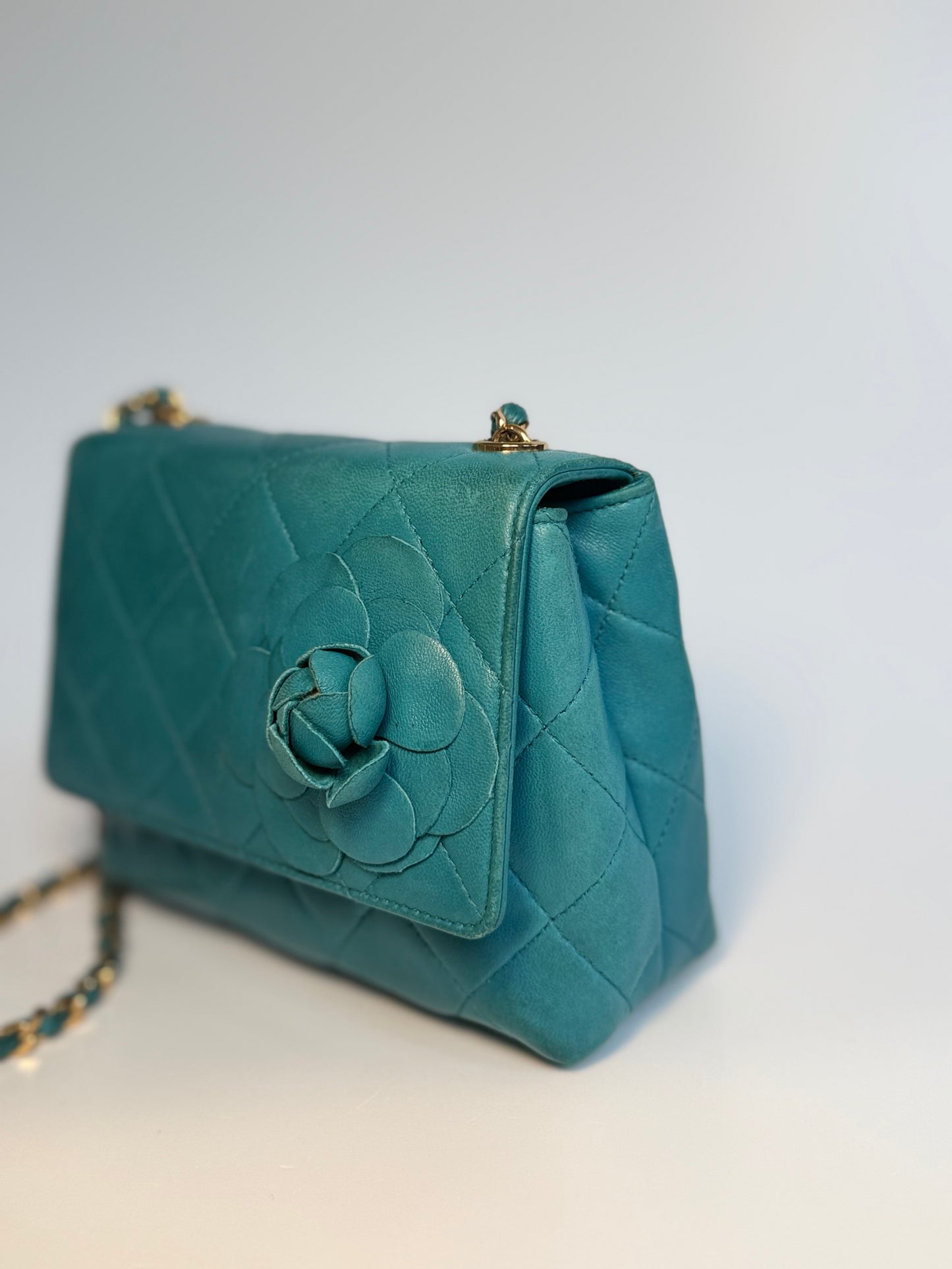 Chanel Mini Camellia Flap Bag in Turquoise Leather