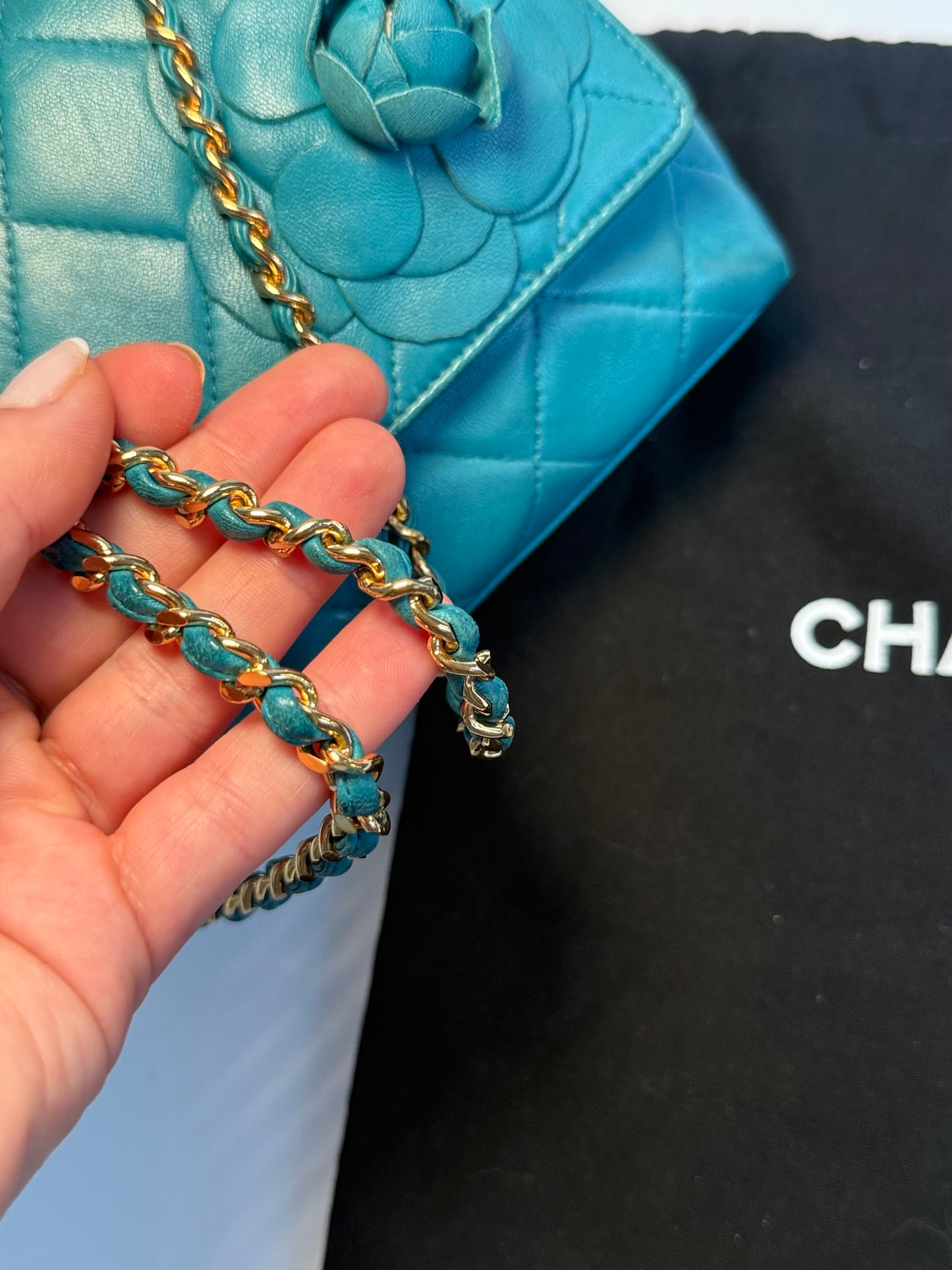 Chanel Mini Camellia Flap Bag in Turquoise Leather