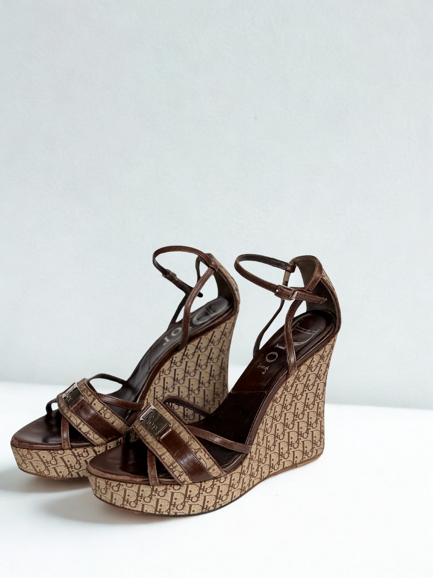 Christian Dior Strappy Wedge Sandals, Size 37 — Monogram Canvas & Brown Leather