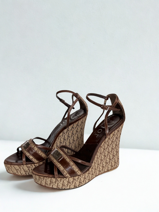 Christian Dior Strappy Wedge Sandals, Size 37 — Monogram Canvas & Brown Leather