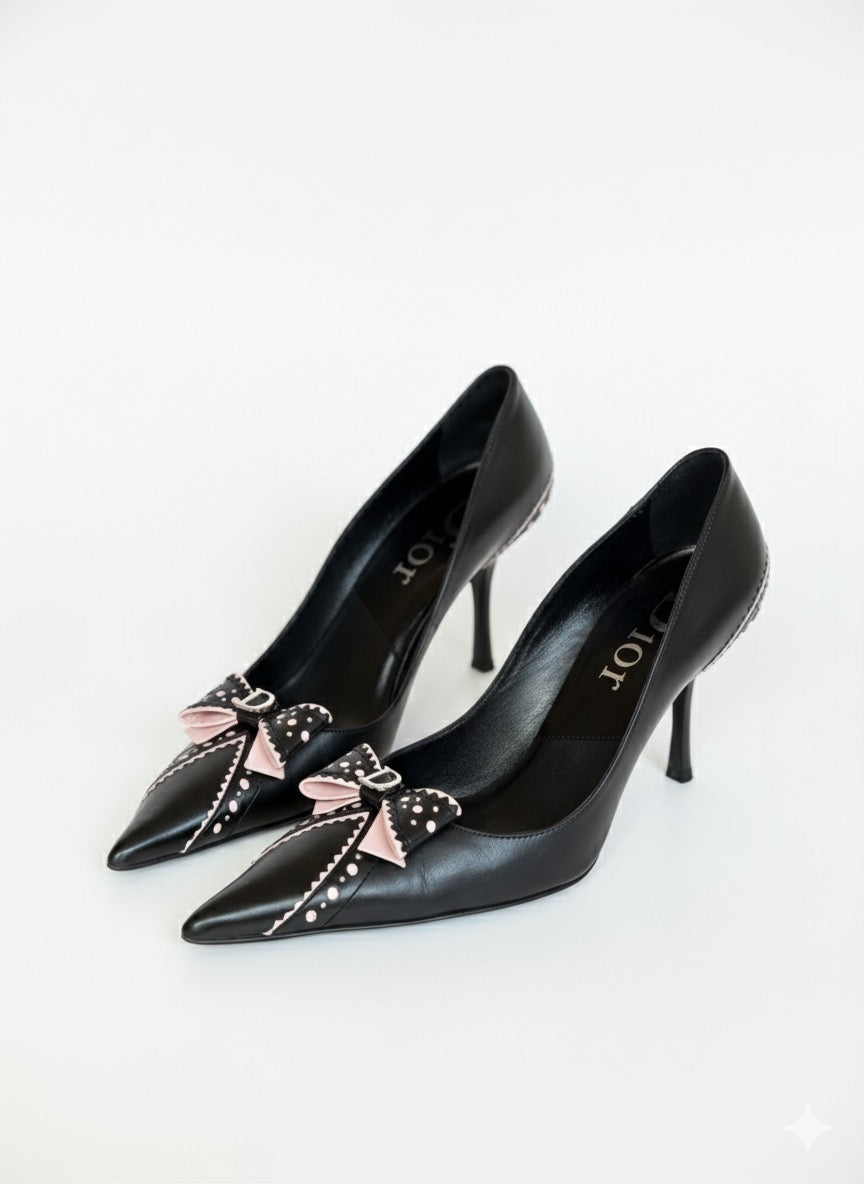 Christian Dior black and pink pointed-toe pumps with bow – elegant vintage high heels EU 39