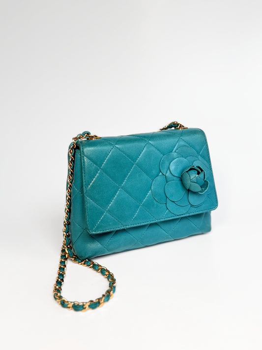 Chanel Mini Camellia Flap Bag in Turquoise Leather