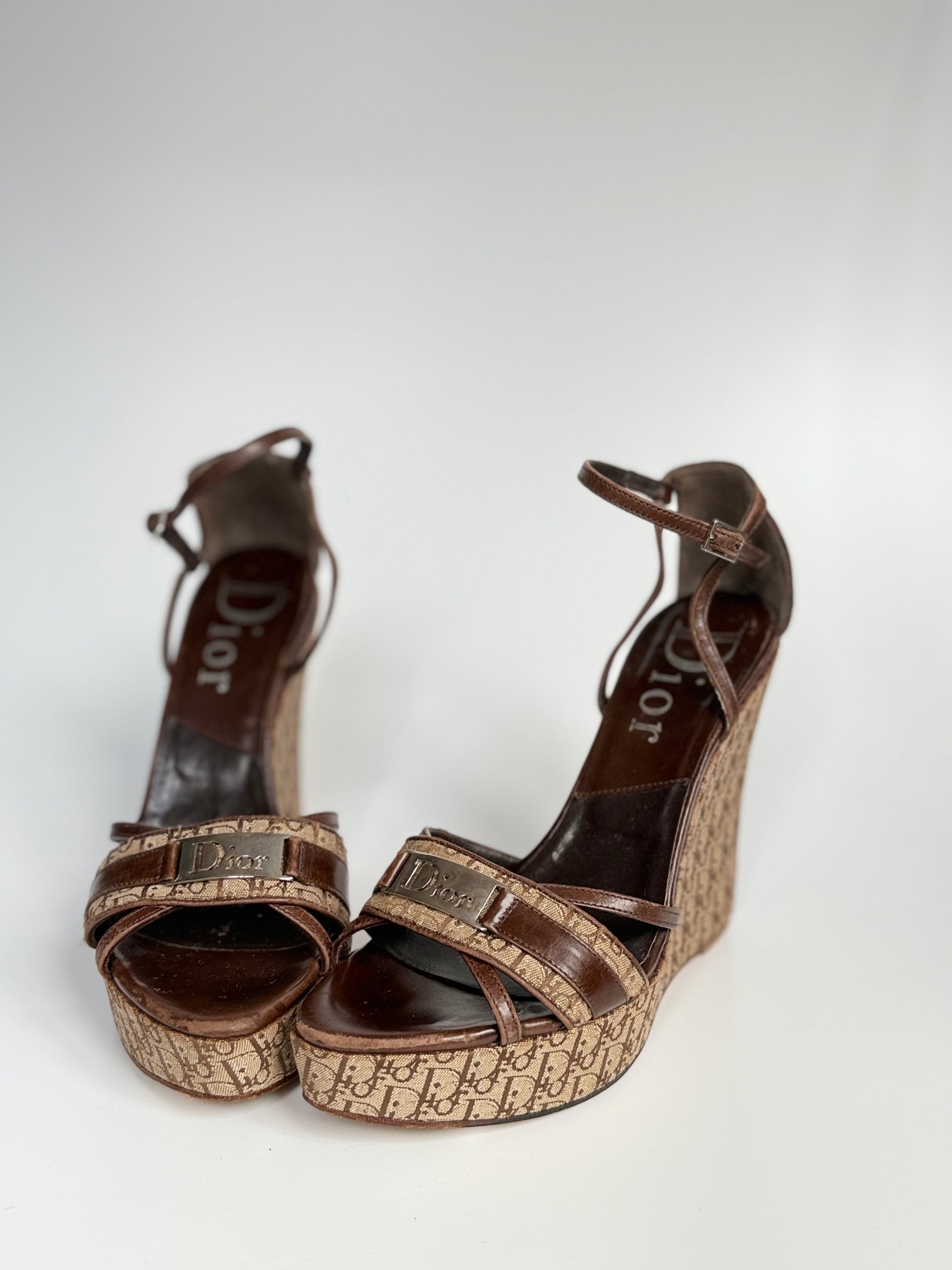 Dior strappy wedge sandals – logo canvas and brown leather platform heels