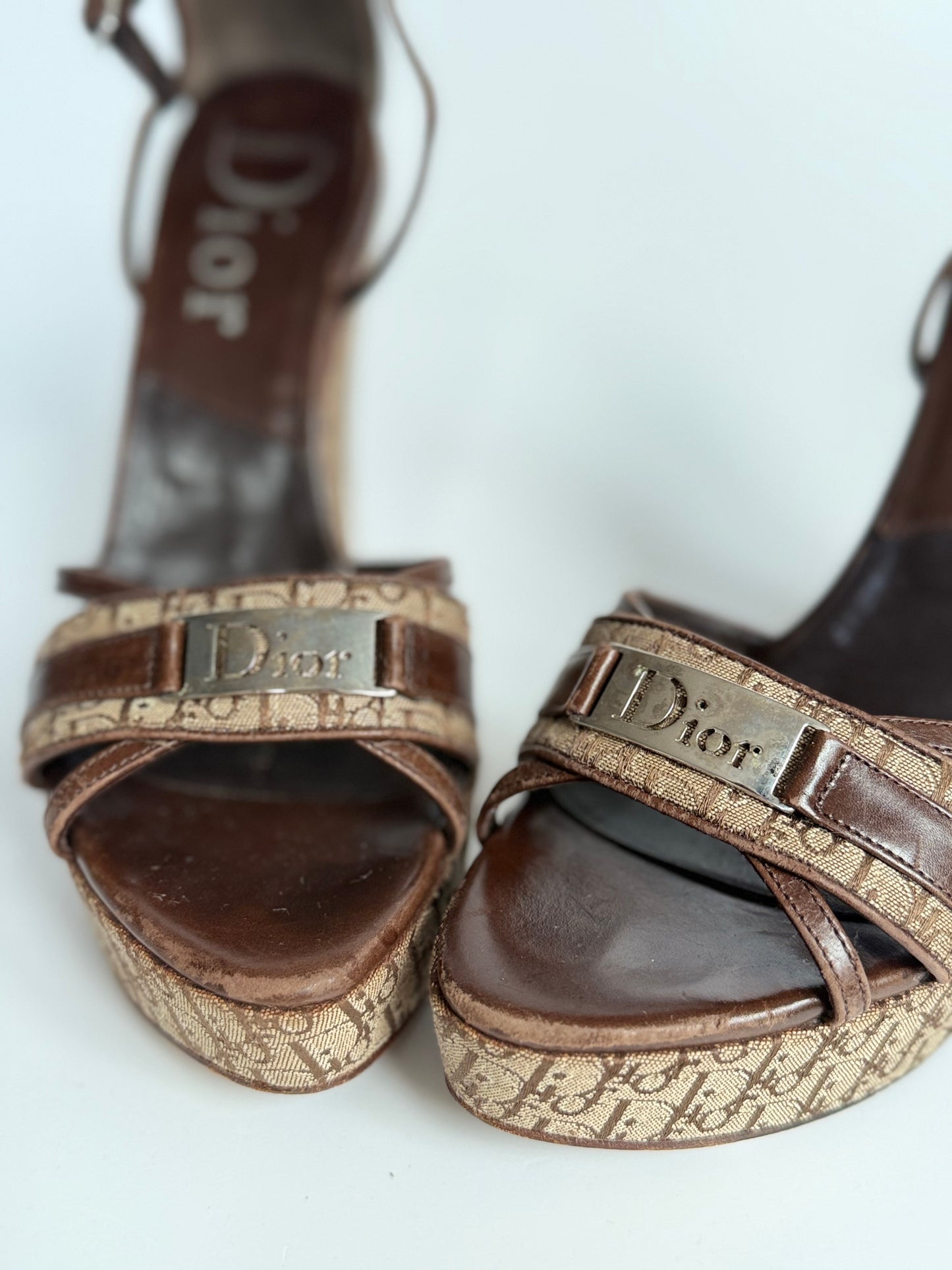 Christian Dior Strappy Wedge Sandals, Size 37 — Monogram Canvas & Brown Leather