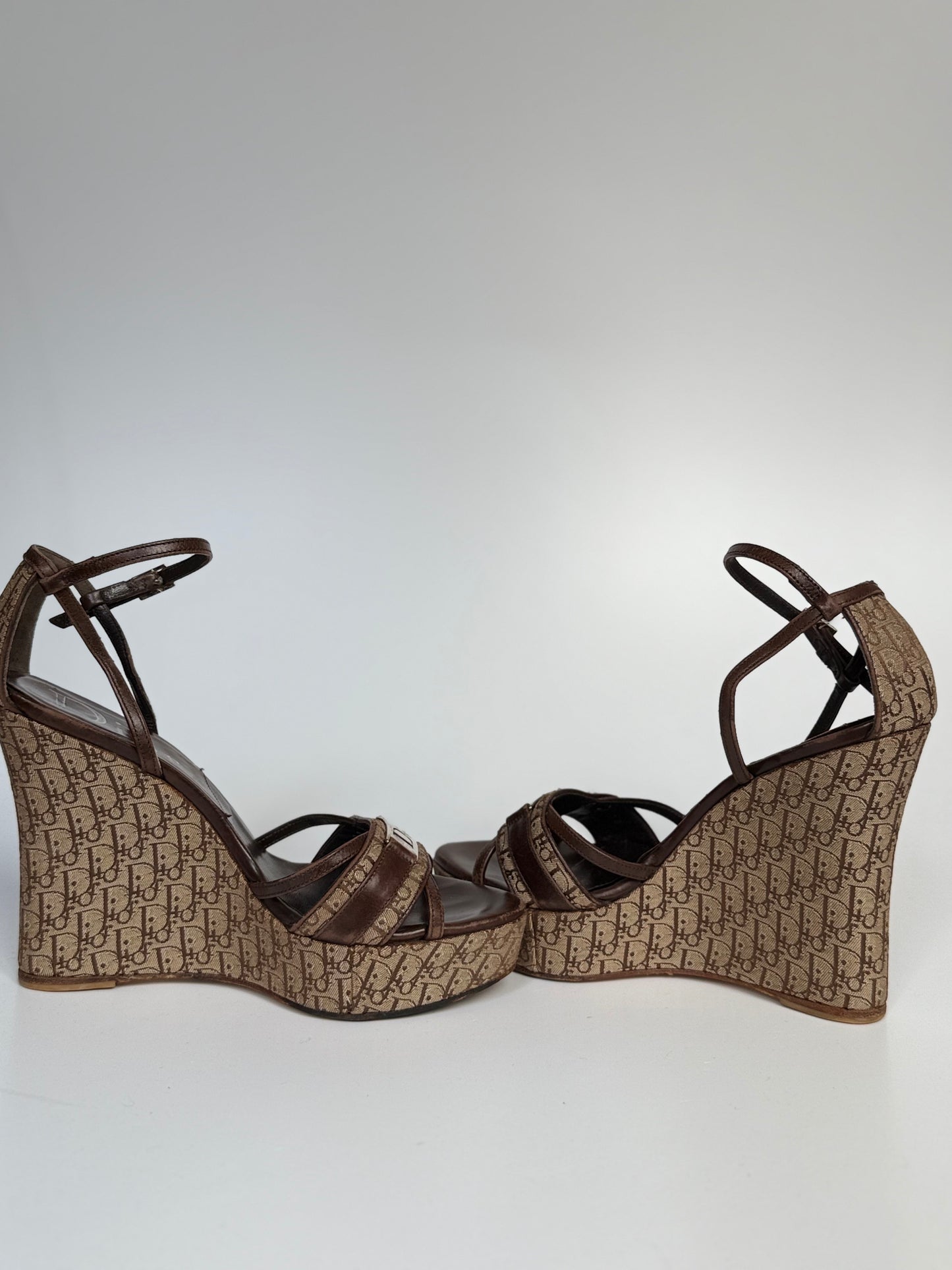 Christian Dior Strappy Wedge Sandals, Size 37 — Monogram Canvas & Brown Leather