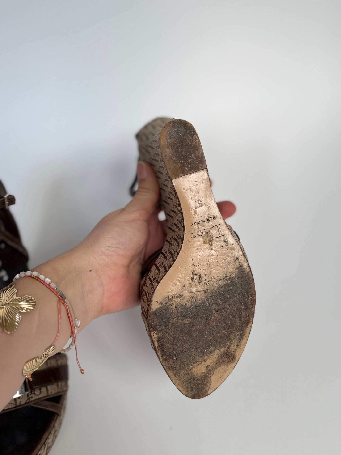 Christian Dior Strappy Wedge Sandals, Size 37 — Monogram Canvas & Brown Leather